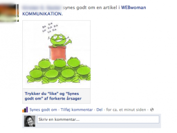 synes godt om Sådan kan det se ud i Facebooks Newsfeed, hvis du liker blogindlæg og artikler - liker du ting, der er nyttige for andre, spreder du god viden. Liker du konkurrencer og tilbud i ét væk, bliver du kendt som spam-spreder